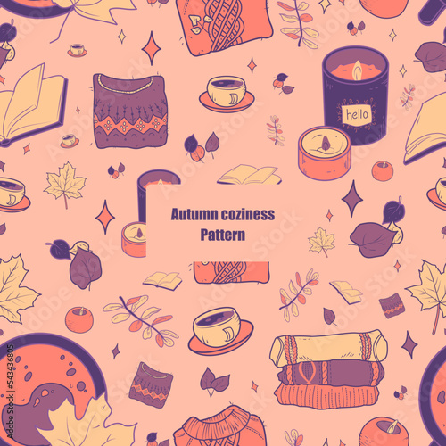 Autumn cozy pattern, warm cartoon sweaters, autumn leaves, bright candles, seamless pattern for packaging design, social media and posters