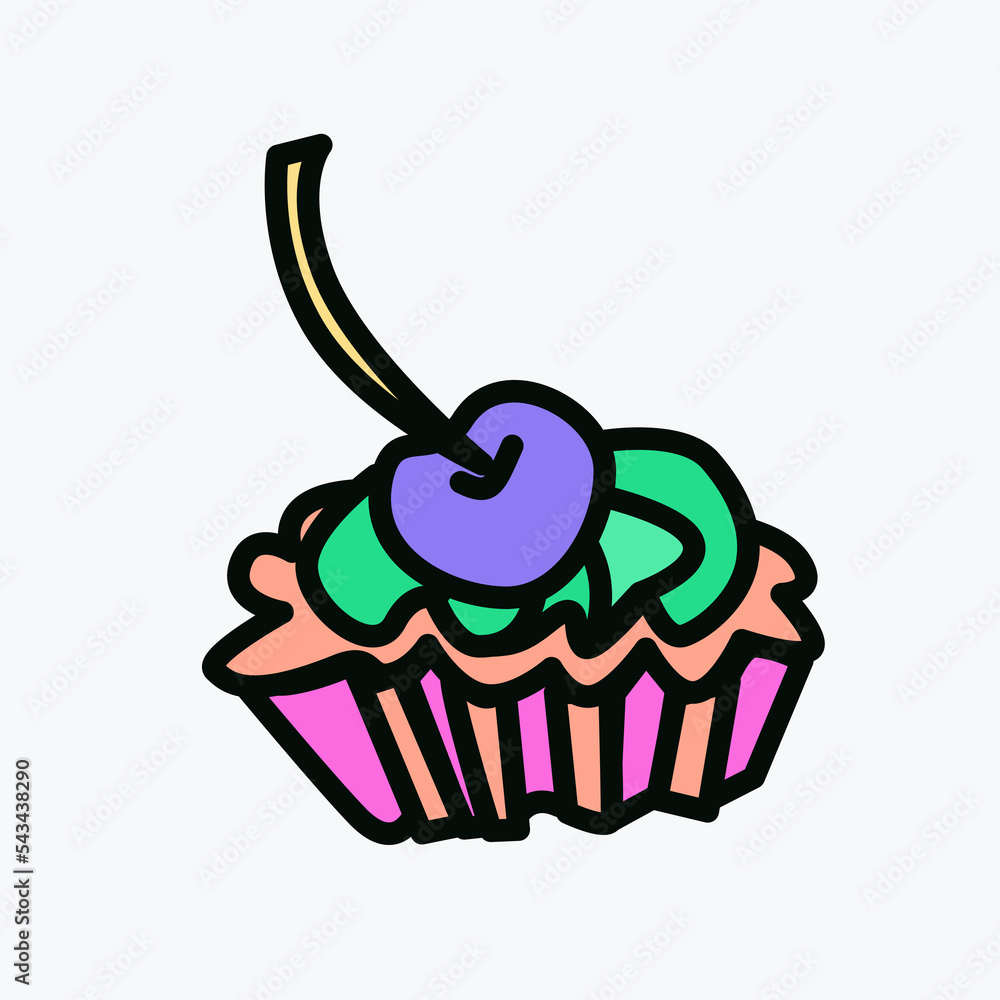 Cupcakes with cherries cartoon pin in 80s 90s pop art. Fashion modern  stiker with cute funkey fast food elements. Vector Illustration Stock  Vector