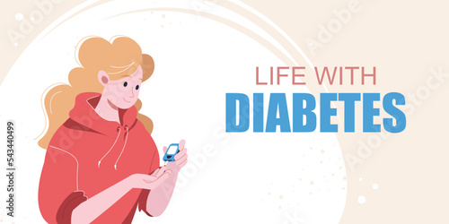 Diabetes. Young woman cartoon character sitting and using digital glucometer at home with finger for blood state control vector illustration. Testing blood for glucose, sugar level. Healthcare concept