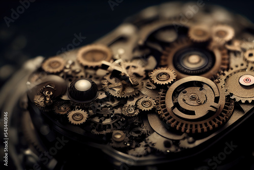 AI generated image of macro view of the gears and moving parts inside a watch 