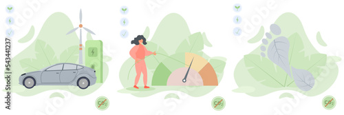 Green energy illustration set. Carbon footprint effect and CO2 emission problem. electric car near the charging station. Indicator with CO2.  Renewable energy concept. Vector illustration