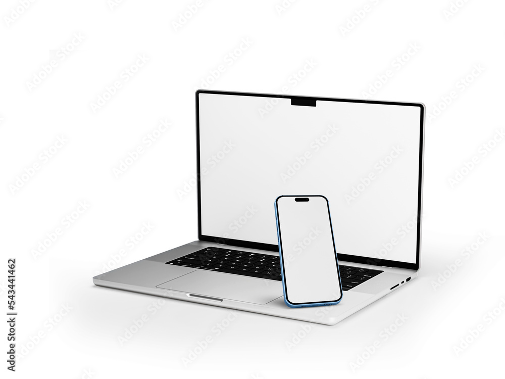 Macbook Pro Laptop and iPhone 14 pro max smartphone in on white background  in minimal style for mockup and responsive website. 3D rendered  illustration Stock-Illustration | Adobe Stock