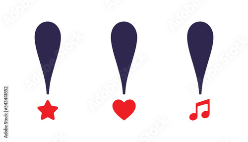 exclamation design language with star heart and music symbols
