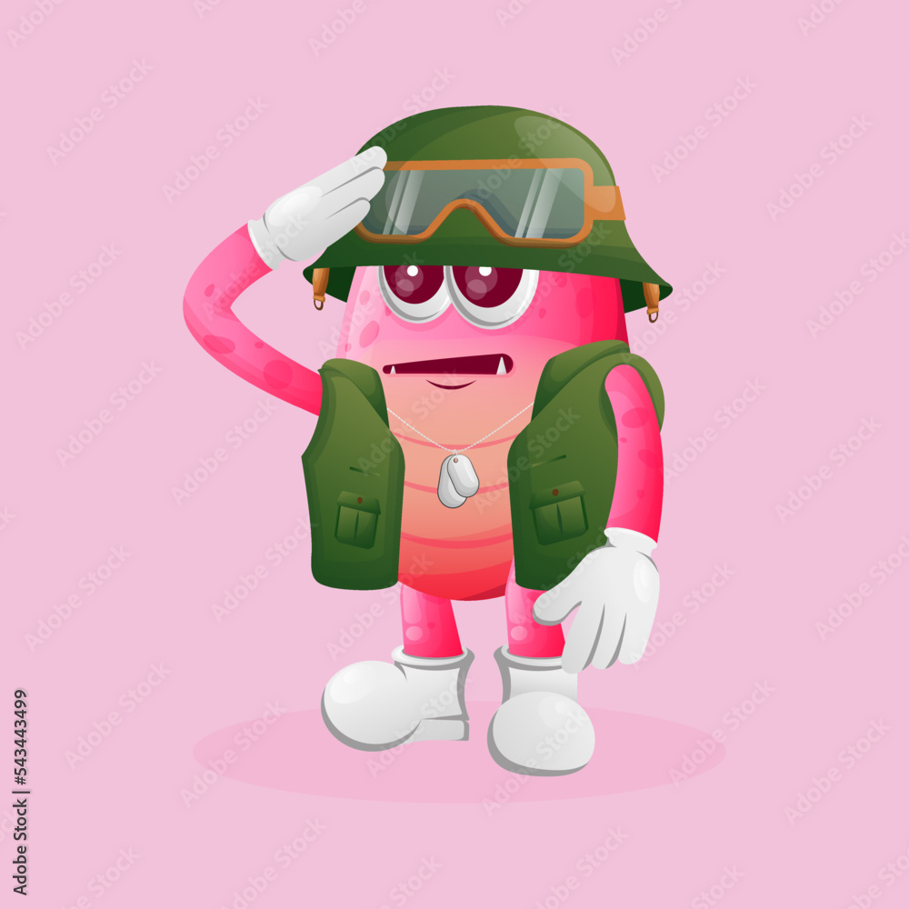 Cute pink monster soldier in green uniform Cute pink monster soldier in green uniform