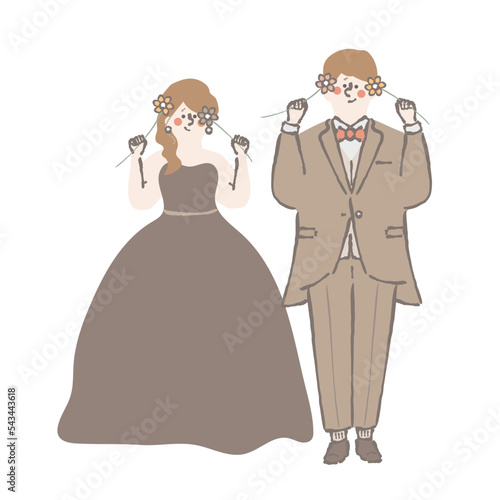ウェディング　花を持つ　新郎新婦　イラスト