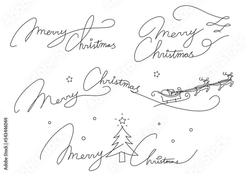 筆記体のメリークリスマス文字、サンタクロースとトナカイ、乾杯、ツリーなどのクリスマスに使いやすいあしらいセット