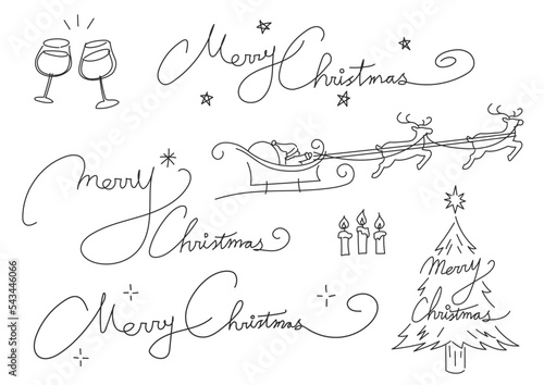 筆記体のメリークリスマス文字、サンタクロースとトナカイ、乾杯、ろうそくなどのクリスマスに使いやすいあしらいセット