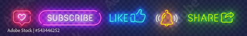 Social button neon. Buy icon. Colored neon buttons. Button like, share, subscribe neon. Vector illustration