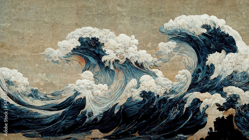 Leinwand Poster Great blue ocean wave as Japanese vintage style illustration