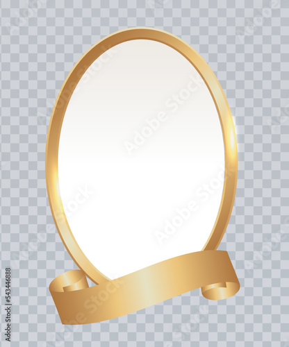 Oval golden photo frame with curved ribbon for inscription. Winner award emblem. Empty vignette for portrait on transparent. Vector realistic Mockup. EPS 10. 