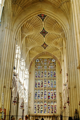 Fan vaulting above a stained glass window in the Bath Abbey, in Bath, England