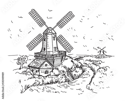 Mill in rural landscape, hand drawn bakery Flour mill graphic. Vector