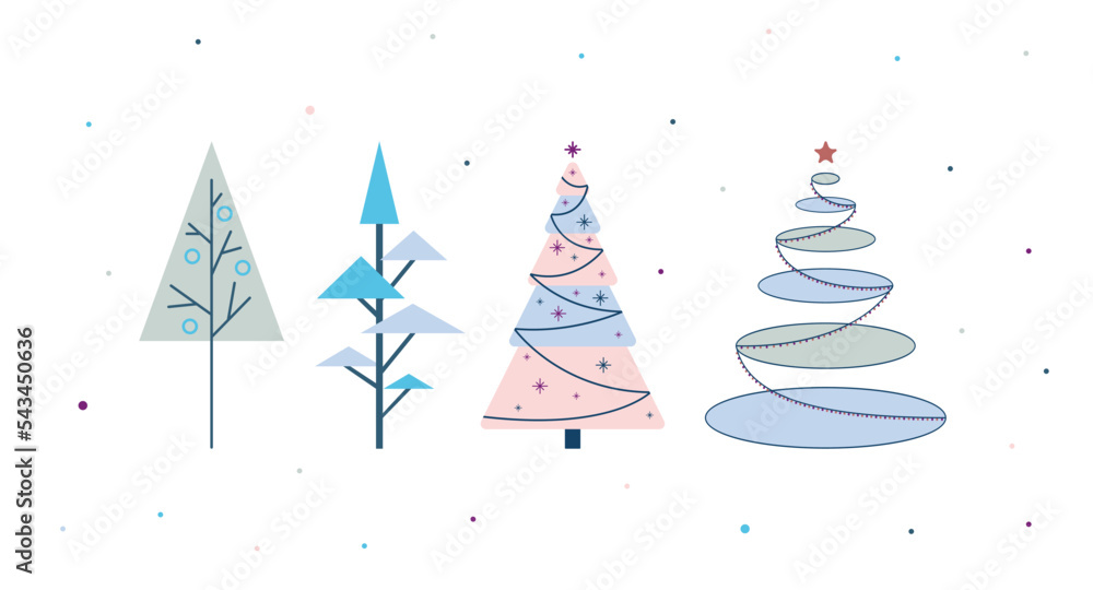 Сhristmas trees set, vector, simple flat illustration, cute, minimalism, pink, blue, green