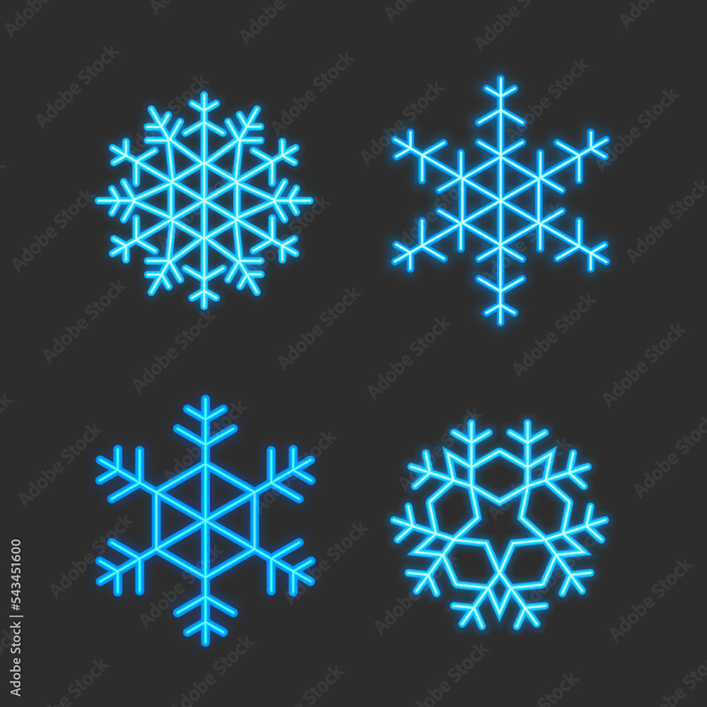 Collection of glowing neon snowflakes in line style isolated on dark background Collection of glowing neon snowflakes in line style isolated on dark background