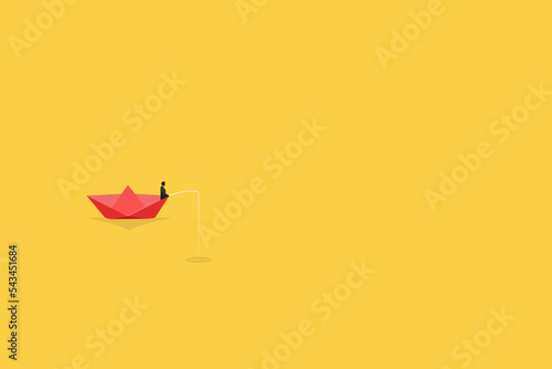Fisherman in boat. catching fish while standing on boat of lake