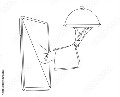 Single continuous line drawing hand holding stainless steel food cover through mobile phone. Concept of restaurant delivery online food. Application for smartphone. 