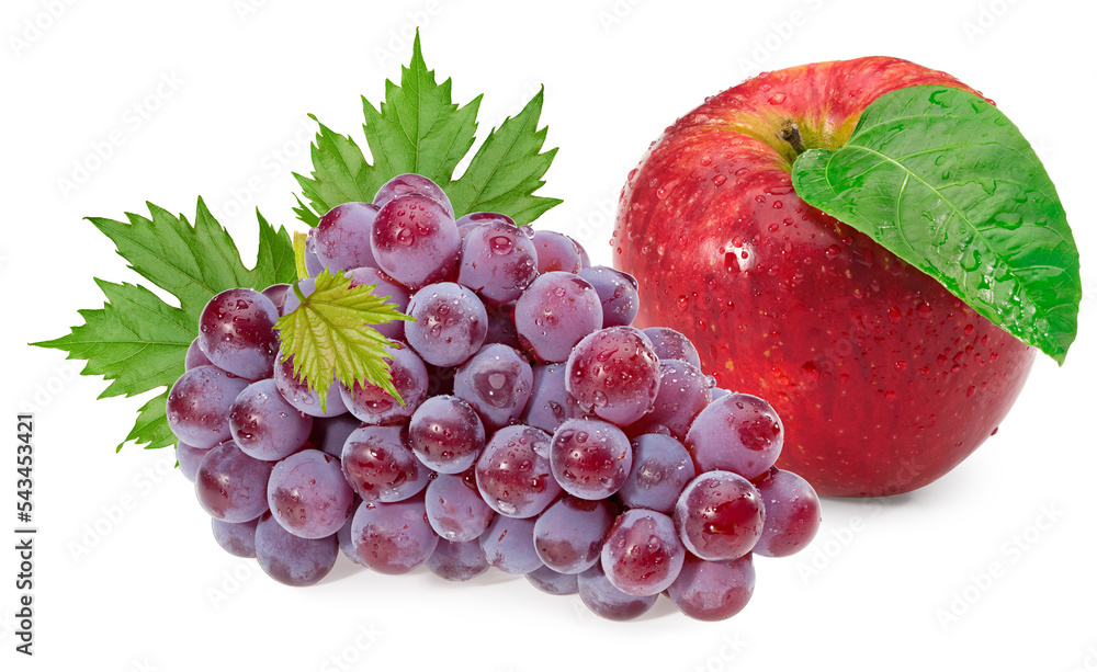 Obraz premium red grapes berries with red apple and green leaves isolated on white background. macro. with clipping path