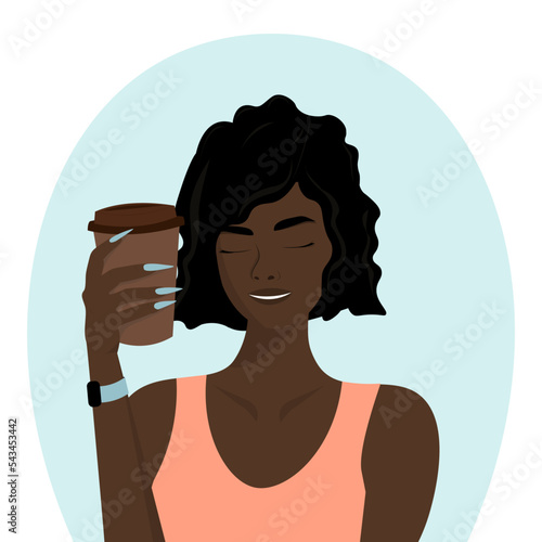 A dark skinned beautiful girl with wavy hair in an orange T-shirt with a watch on her arm, holds a paper cup of coffee in her hand. Vector illustration.