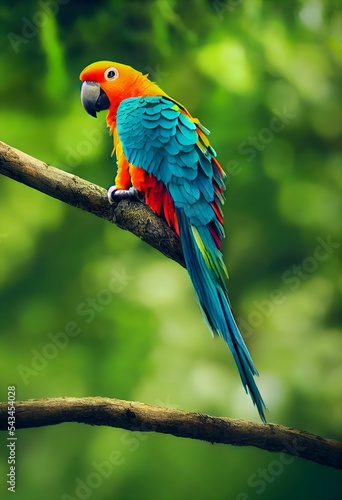 Beautiful photo of a colorful parrot in the branch of a tree