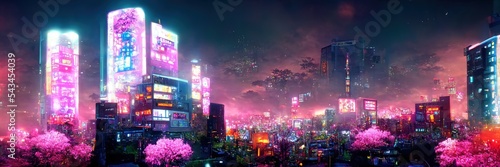 Fotografia Cyberpunk city. retro with big sakura tree.