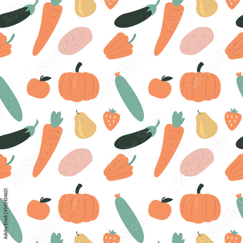 Seamless pattern with organic food. Healthy lifestyles and proper nutrition. Farm food, texture background with various vegetables, fruits. Ecological natural products.