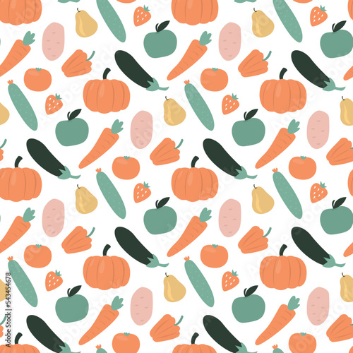 Seamless pattern with organic food. Healthy lifestyles and proper nutrition. Agricultural, farm food, harvest, texture background with various vegetables, fruits. Ecological natural products.