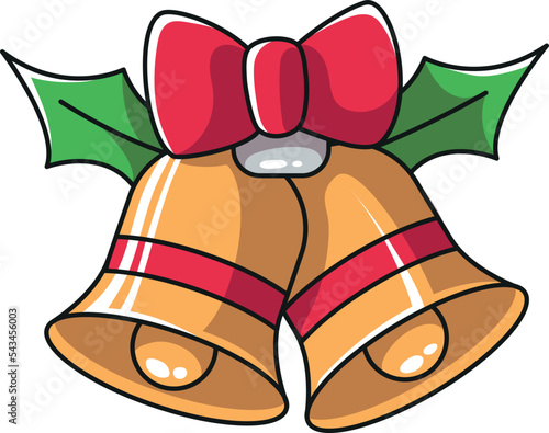 Kawaii vector illustration of beautiful Christmas bells with a red ribbon