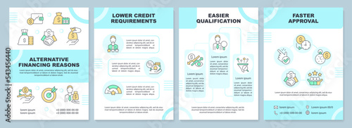 Alternative financing reasons brochure template. Leaflet design with linear icons. Editable 4 vector layouts for presentation, annual reports. Arial-Black, Myriad Pro-Regular fonts used