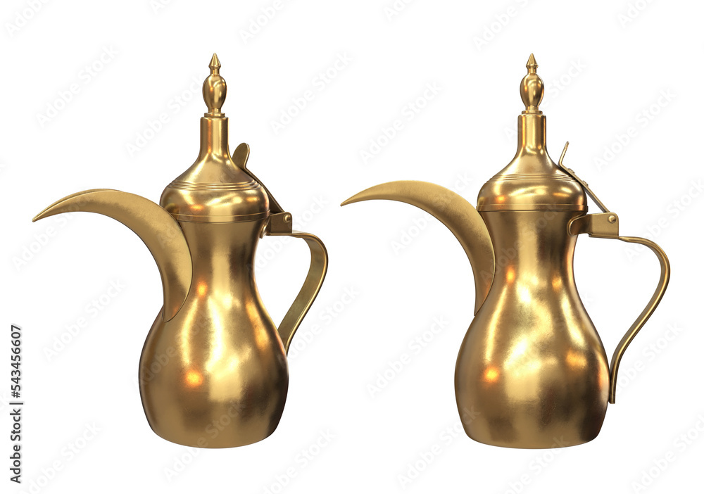Set of gold traditional Arabic coffee pot Dallah on white background, 3d render