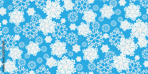 Beautiful seamless pattern with 3d paper white volumetric snowflakes on blue. Winter season symbol great for New year or Christmas party posters, headers, seasonal wallpaper, winter background. Vector