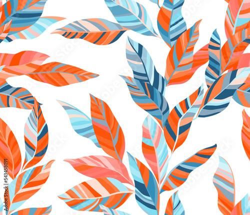 Striped leaves tree branches vector seamless pattern summer fasion textile pr...