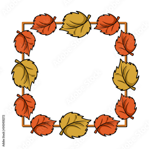 Square frame, red-orange autumn leaf from the linden tree, copy space, vector cartoon