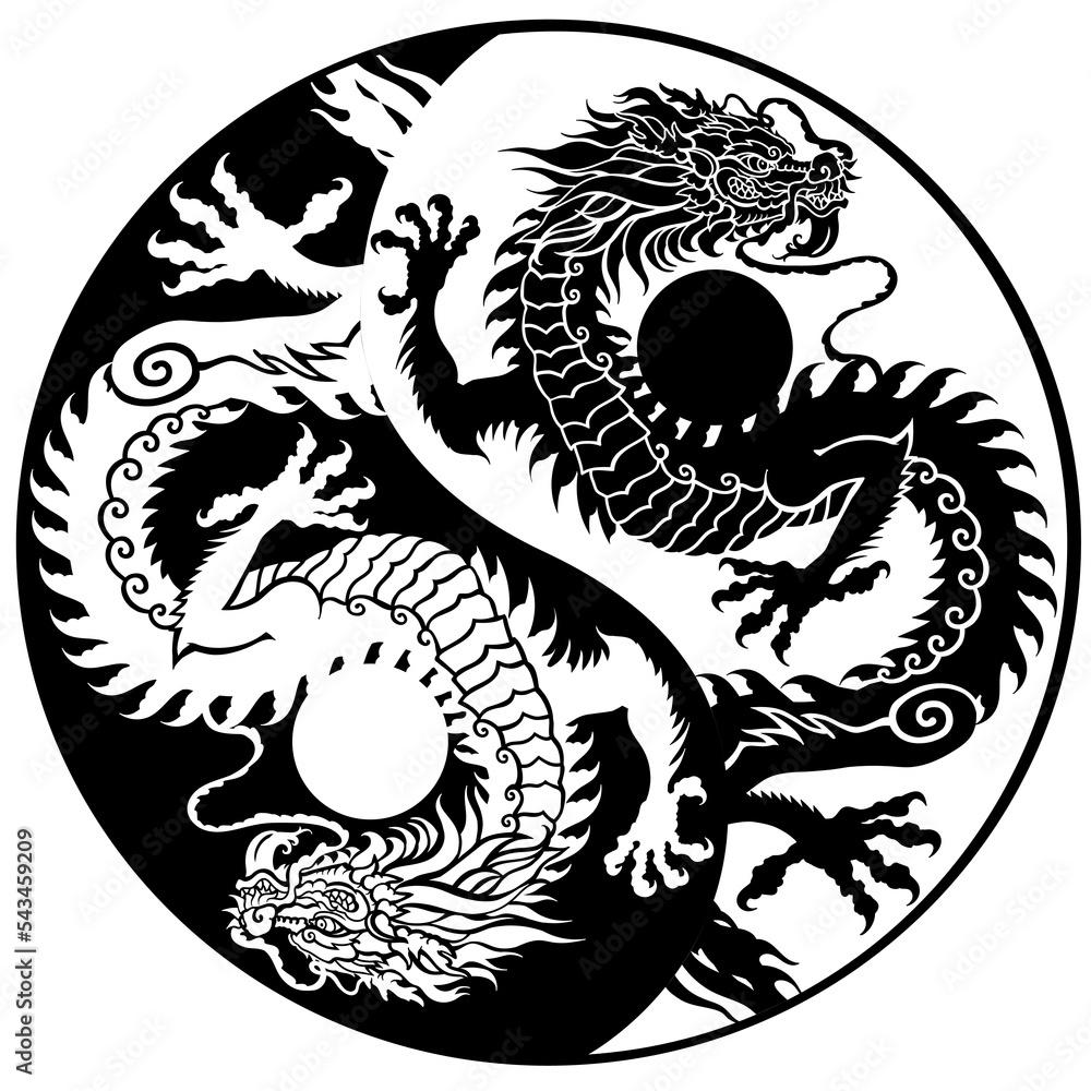 black and white dragon silhouettes in the yin yang symbol. Traditional ...