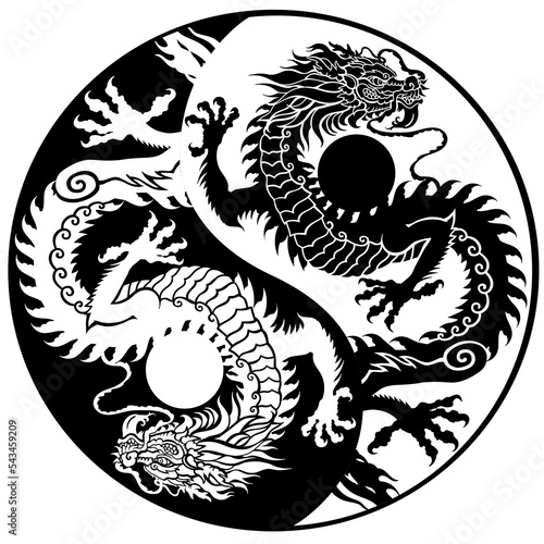 black and white dragon silhouettes in the yin yang symbol. Traditional mythological creature of East Asia. Tattoo.Celestial feng shui animal. Side view. Graphic style vector illustration