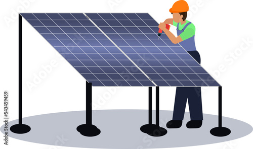 solar panel installation, engineer installing solar panels, Worker technician connecting solar panel to a high steel platform, solar panel worker vector illustration