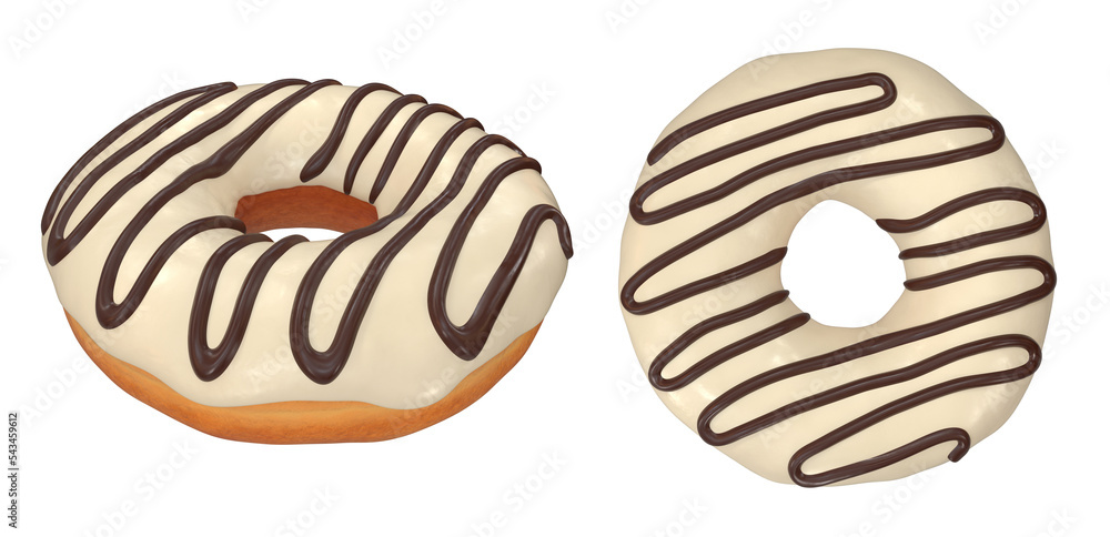 A set of donuts with white and chocolate glaze on a white background, 3d render A set of donuts with white and chocolate glaze on a white background, 3d render
