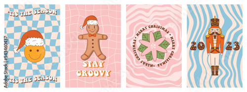 Christmas set of retro greeting card. Groovy hippie 70s posters. Funky smile face, Christmas soldier, gingerbread man, poinsettia etc. Vector design on Y2k aesthetic backgrounds.