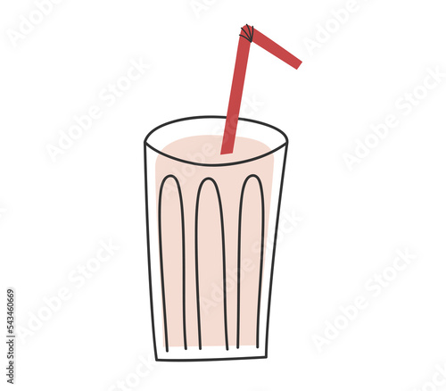 Hand drawn cute cartoon illustration of glass of milk with red tube. Flat vector dairy produce sticker in colored doodle style. Yogurt or kefir in a cup icon or print. Isolated on background.