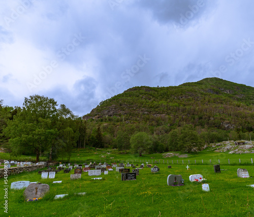 Ancient Cemetery Near Borgund Stave Church In Laerdal Municipality, Vestland County, Norway, Summer 2019 With Mountain Background.