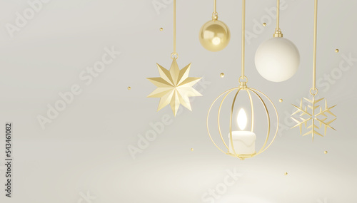 3D Christmas and New Year background.Luxury Style and Golden Star, Snowflake. Glass Balls hanging on ribbon, Golden Candle.
