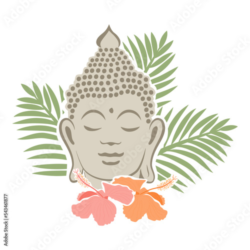 Tropical branches and flowers in behind of meditative Buddha