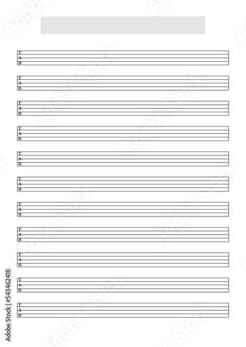 Blank Ukulele or Bass Guitar  (5 strings) tablature sheet template to write music. Printable A4 format in portrait mode with a song title and artist name block at the top