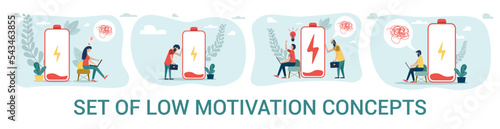 Set of Low energy or motivation concepts, exhausted and fatigue from hard work, stressed or anxiety from unhealthy work or depression and burnout, fatigue and tired businessman stand with low battery 