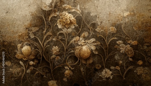 Aged worn antique background design with flower motives