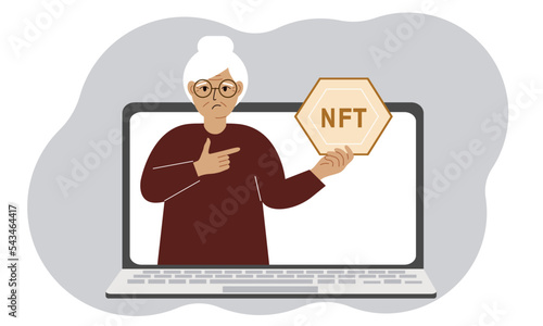 NFT concept. A laptop in which a old woman with the image of NFT in the palm of his hand. Auction of non-fungible tokens, markets, online education.