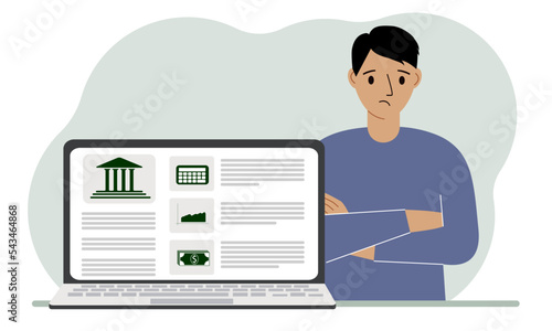 Concept of bill payment, money deposit, bank account management from laptop or computer site. Man with laptop and bank website.