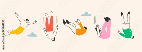 Various falling people. Diverse male and female characters. Hand drawn modern Vector illustration. Flying or falling down abstract people set. Cartoon colorful style. All elements are isolated