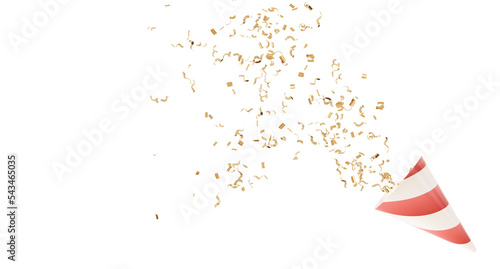 Party Cone and gold confetti paper flew into the air. isolated, 3D Render