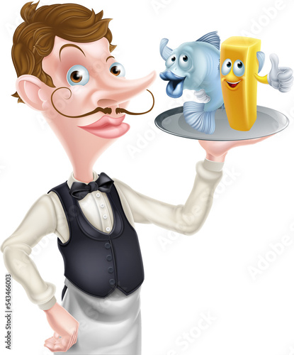 Cartoon Waiter Holding Fish...