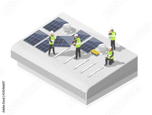 solar cell factory roof top installer team service for customer ecology and eco warehouse for business isometric isolate vector